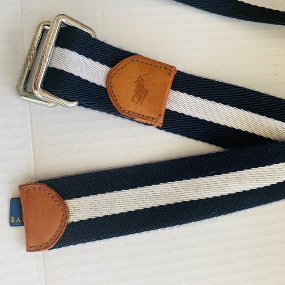 Polo Ralph Lauren Navy White Striped Fabric Leather Dual D Ring Belt XL - Picture 9 of 9